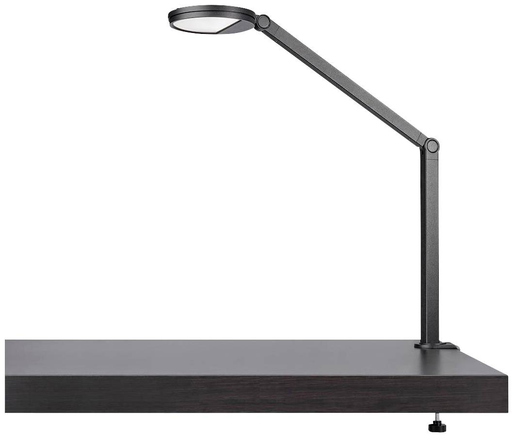 Schwarze, moderne Tischlampe mit schwenkbarem Arm auf einer glatten, dunklen Tischplatte. Geeignet für Lese- oder Arbeitsbereich.