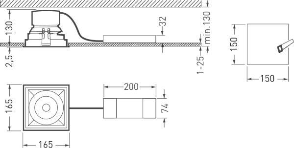 Technische Zeichnung einer Einbaulautsprecher-Montage mit maßlichen Angaben: 165 mm x 150 mm, Einbautiefe von 130 mm, Anschlusskabel 200 mm.