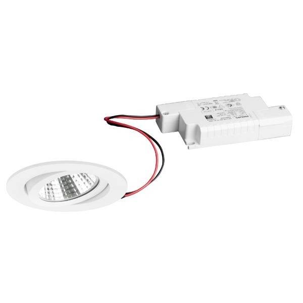 Eine runde, weiße LED-Einbauleuchte mit verbundenem externem Treiber, geeignet für Deckeninstallationen.