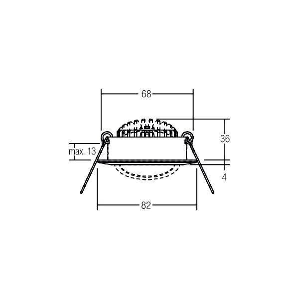 Technische Zeichnung eines runden Einbau-Downlights mit Abmessungen: 68 mm Breite, 36 mm Höhe, max. 13 mm Tiefe, 82 mm Gesamtdurchmesser.