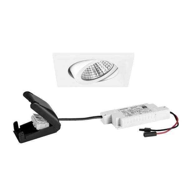 LED-Einbauleuchte mit quadratischem Rahmen und externem Treiber. Geeignet für abgehängte Decken in Wohn- oder Geschäftsräumen.