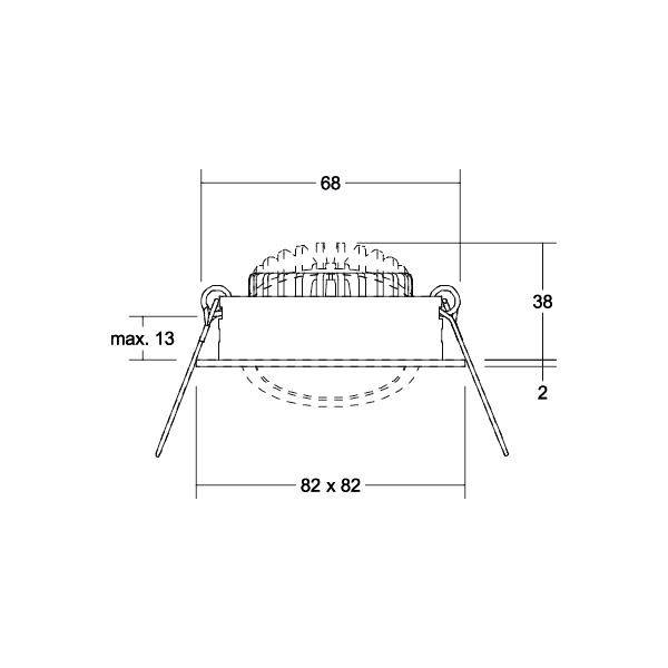 Technische Zeichnung einer quadratischen Einbauleuchte mit Dimensionen: 68 mm Breite, 38 mm Höhe, max. Einbautiefe 13 mm.
