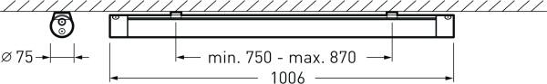 Technische Zeichnung einer Leuchte mit den Maßen: Durchmesser 75 mm, Breite min. 750 mm, max. 870 mm, Gesamtbreite 1006 mm.