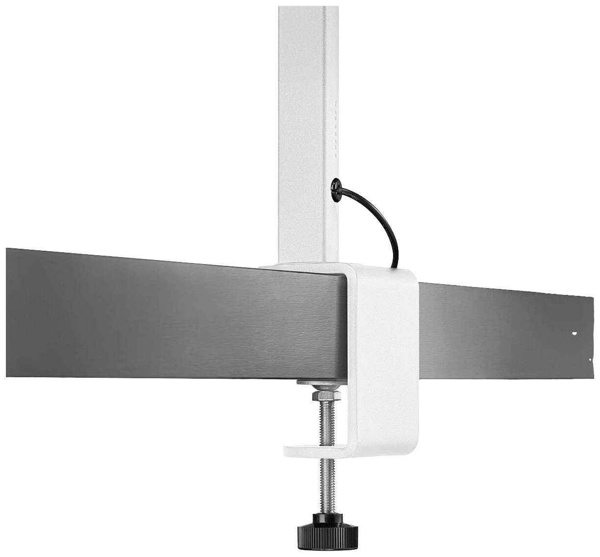 Ein silberner LED-Lichtbalken, der an einer weißen Klammerhalterung befestigt ist. Geeignet zur Montage an einem Tisch.