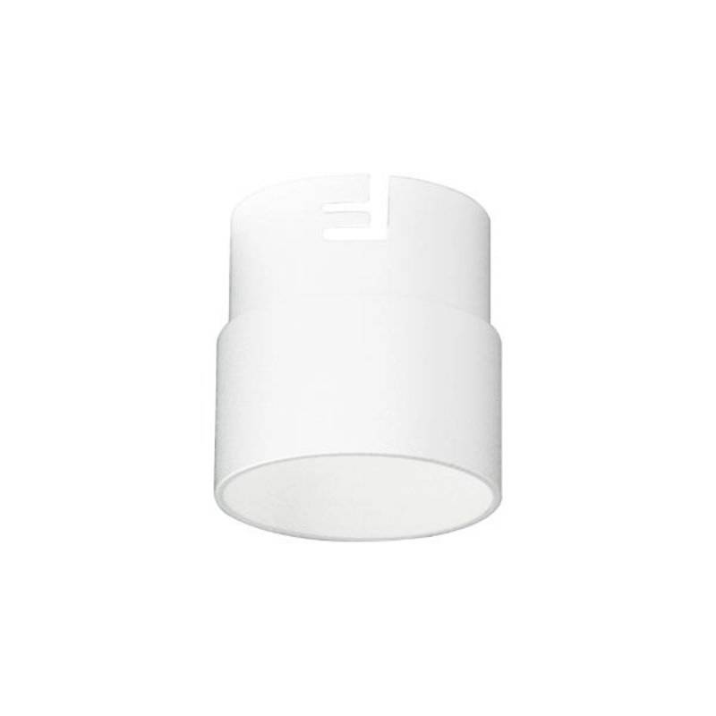 Eine weiße, zylindrische Kunststoffkappe mit glatter Oberfläche, möglicherweise ein Verschluss für eine Flasche oder ein Rohr.