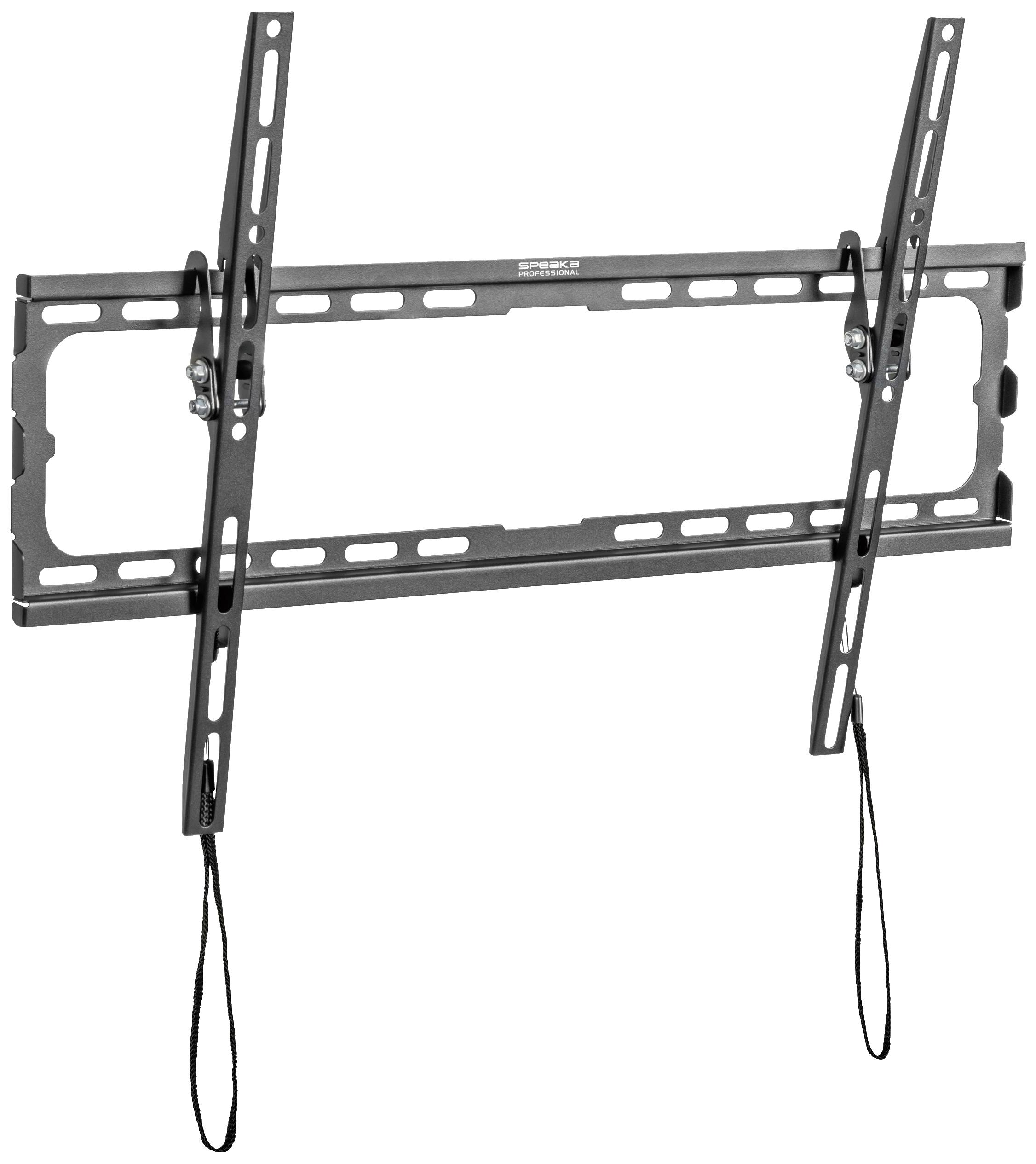 Neigbare TV-Wandhalterung aus Metall, geeignet für Flachbildfernseher. Enthält verstellbare Streben und Sicherheitsseile.