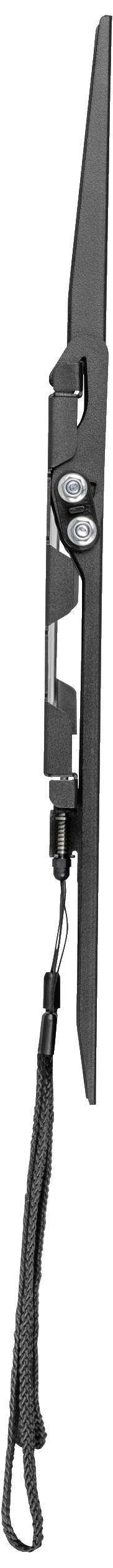 Ein schwarzes Klappmesser mit gebogener Klinge und Sicherheitsverschluss. Darunter hängt eine Schlaufe mit Clip für sicheres Tragen.