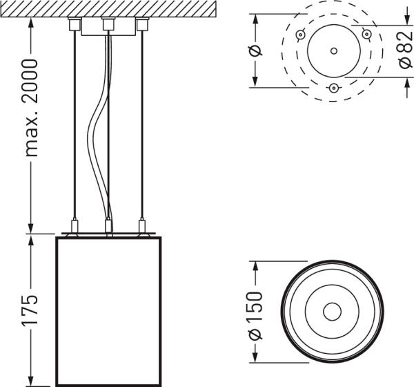 Technische Zeichnung einer zylindrischen Deckenlampe mit Kabeln; Maße: Höhe 2000 mm, 82 mm und 150 mm Durchmesser.