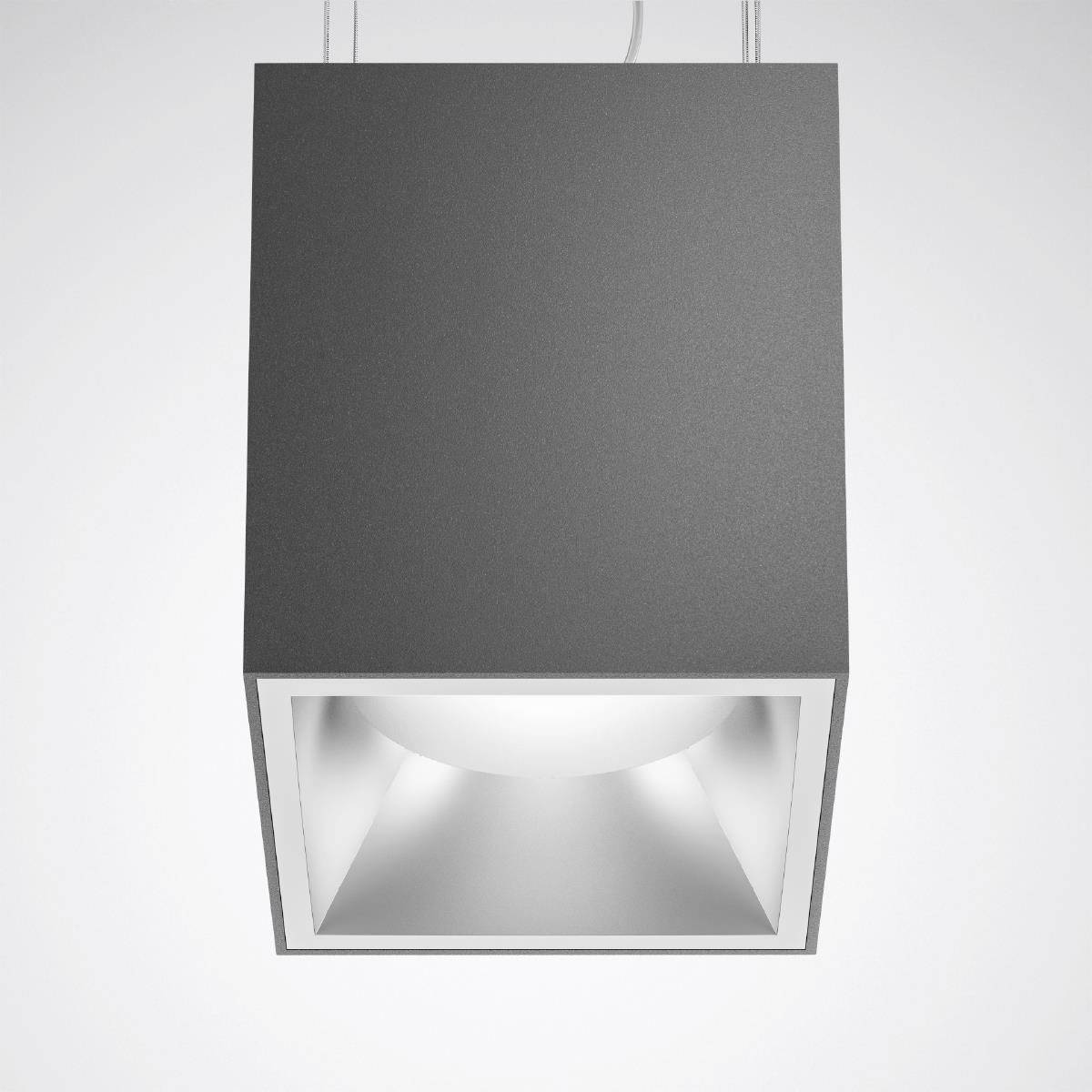 Quadratische, graue Deckenleuchte mit lichtdurchlässigem, weißem Innengehäuse. Modernes Design.