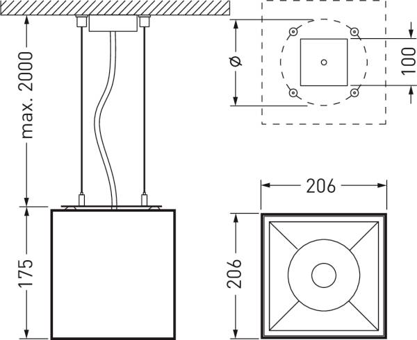 Diagramm einer Deckenleuchte mit den Maßen: Breite 206 mm, Höhe verstellbar bis max. 2000 mm. Zeigt Oberansicht und Seitenansicht.