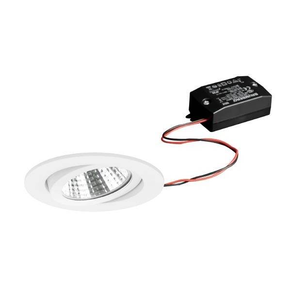 LED-Downlight mit rundem, weißem Rahmen und externem schwarzen Transformator, verbunden durch rote und schwarze Kabel.