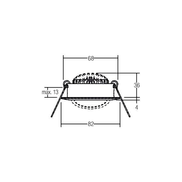 Technische Zeichnung eines runden Einbaustrahlers mit Maßen: Durchmesser 68 mm, Höhe 36 mm, Breite Haltebügel 82 mm, Einbautiefe max. 13 mm.