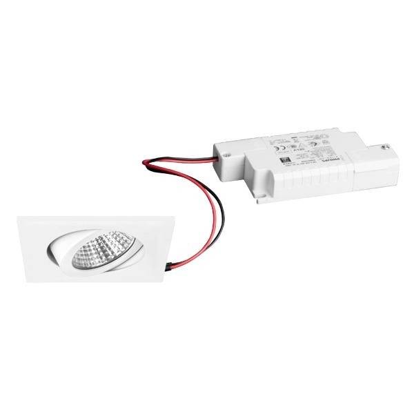 Quadratisches, verstellbares LED-Einbauleuchte mit separatem Trafo. Weiße Blende und Kabelverbindung sichtbar.