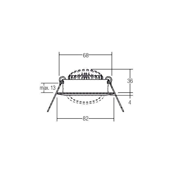 Technische Zeichnung eines Einbaustrahlers mit Maßen: Durchmesser 68 mm, Höhe 36 mm, maximale Einbautiefe 13 mm, Gesamtbreite 82 mm.