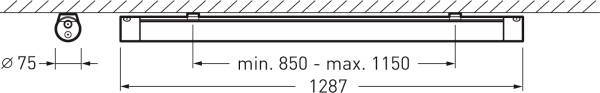 Diagramm einer Lichtinstallation: Horizontale Linie oben, darunter eine längliche Leuchte. Breite verstellbar von min. 850 bis max. 1150 mm.