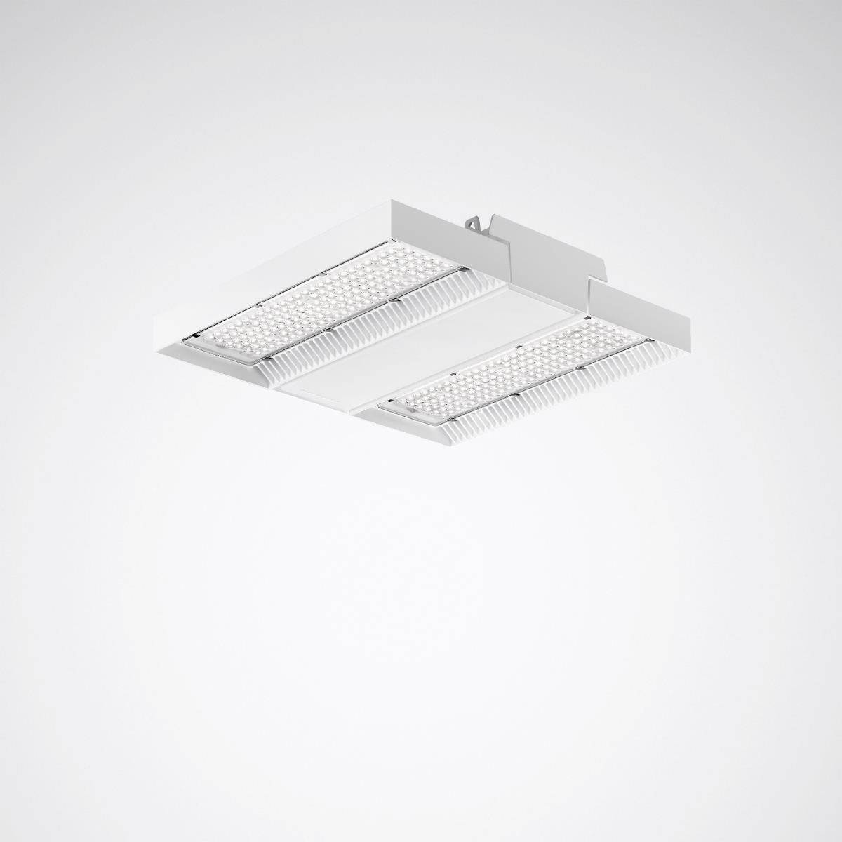 Eine moderne, rechteckige LED-Deckenleuchte mit einem minimalistischen Design, montiert an einer neutralen grauen Decke.