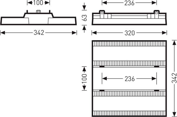Technische Zeichnung einer rechteckigen Deckenleuchte, Maße: Länge 342 mm, Breite 320 mm, Höhe 63 mm, Montagelöcher bei 100 mm.