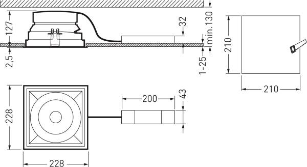 Technische Zeichnung eines quadratischen Lüfters mit Maßen: 228 mm Breite, 127 mm Höhe, 200 mm Tiefe. Kabel und Anschlussposition detailliert dargestellt.