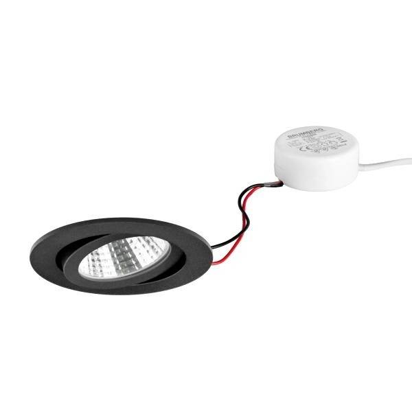 Folgende LED-Deckeneinbauleuchte mit schwarzem Gehäuse und Kabeln ist an einem runden, weißen Treiber angeschlossen.