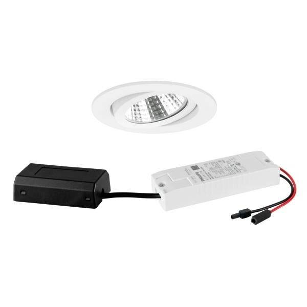 Ein rundes LED-Deckeneinbaulicht mit schwarzem und weißem Transformator. Geeignet für moderne Innenbeleuchtung.