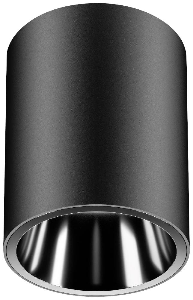 Schwarze zylindrische Deckenleuchte mit glänzendem Innenreflektor, geeignet für moderne Innenräume.