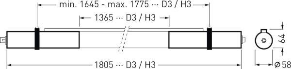 Technische Zeichnung einer Stange mit Längenmessungen: min. 1645 - max. 1775 mm, Durchmesser 64 mm, Gesamtbreite 1805 mm.
