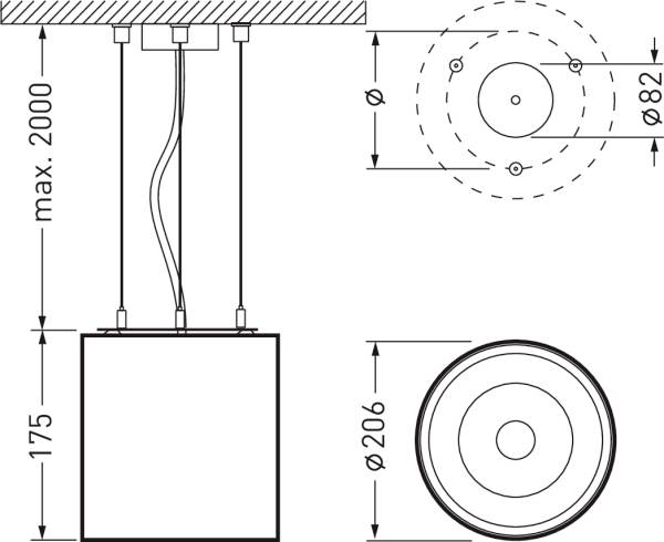 Technische Zeichnung einer zylindrischen Leuchte mit Maßen: Höhe max. 2000 mm, Basisdurchmesser 206 mm, Deckenplatte Durchmesser 82 mm.
