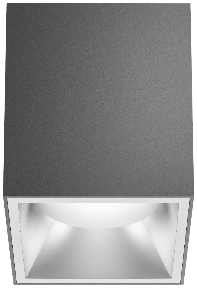 Graue, quadratische Deckenleuchte mit modernem Design, strahlt diffuses Licht aus. Ideal für minimalistische Innenräume.