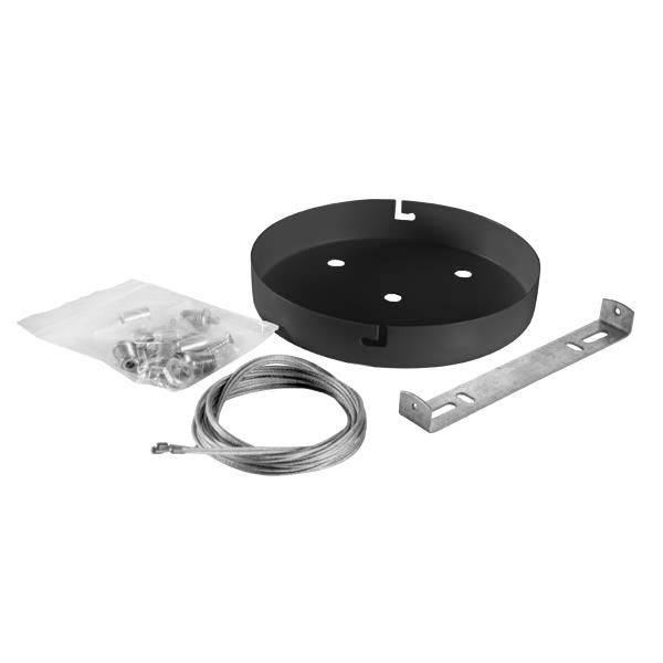 Ein Montageset für Rauchmelder, bestehend aus einem schwarzen Metallteller mit Löchern, einem Metalldraht und einem Set von Schrauben.