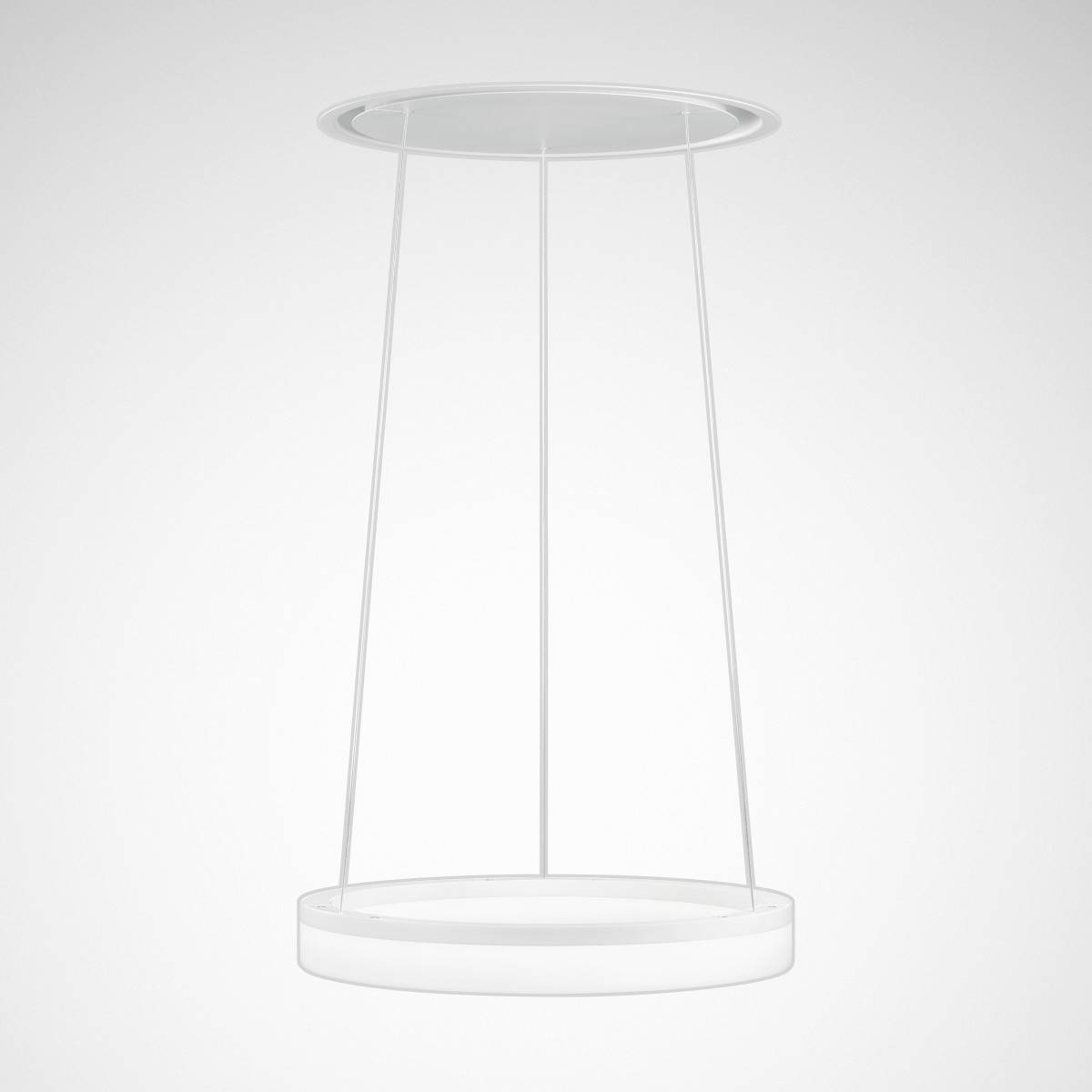 Ein minimalistischer weißer Lampenschirm mit runden Rahmen und dünnen Streben, dezent hängend von der Decke.