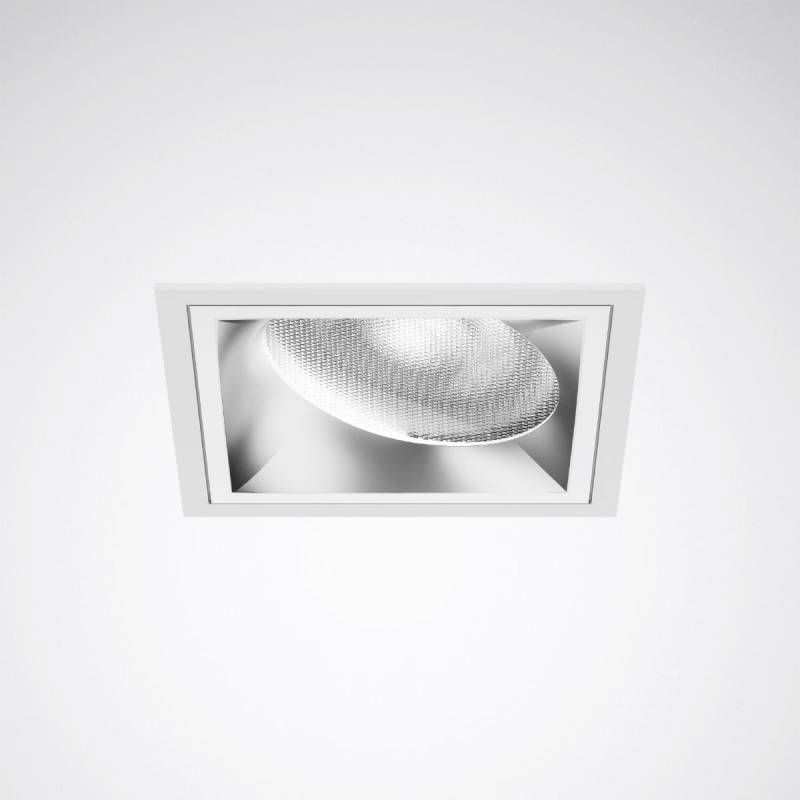 Ein quadratisches, deckenmontiertes LED-Downlight mit silbernem Reflektor und moderner, minimalistischer Gestaltung.