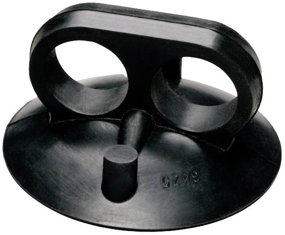 Ein schwarzer, runder Gummistopfen mit zwei großen ovalen Öffnungen und einem kleineren runden Zapfen auf einer flachen Basis.