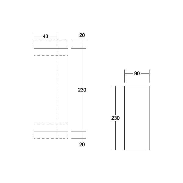 Technische Zeichnung eines rechteckigen Objekts mit den Maßen 43 x 230 x 90 mm, einschließlich Abmessungen der Seiten und Höhe.