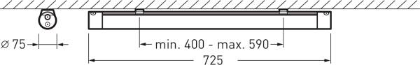 Technische Zeichnung einer linear eingebauten Leuchte mit den Maßen: Mindestlänge 400 mm, Maximallänge 590 mm, Gesamtbreite 725 mm, Durchmesser 75 mm.