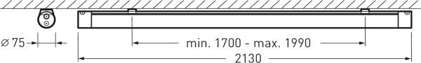 Technische Zeichnung eines Duschvorhangschienen-Systems mit maximaler Länge von 2130 mm. Einstellbare Breite von 1700 mm bis 1990 mm.