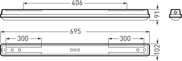 Diagramm einer rechteckigen Leuchte mit den Maßen: 406 mm Breite, 91 mm Höhe. Gesamtlänge 695 mm, Befestigungspunkte 300 mm Abstand.