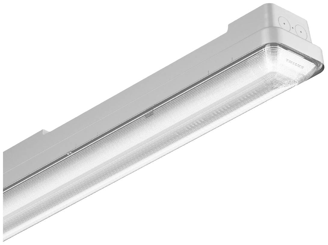 Längliche LED-Leuchte mit silbernem Gehäuse, geeignet für Deckenmontage in industriellen oder gewerblichen Räumen.