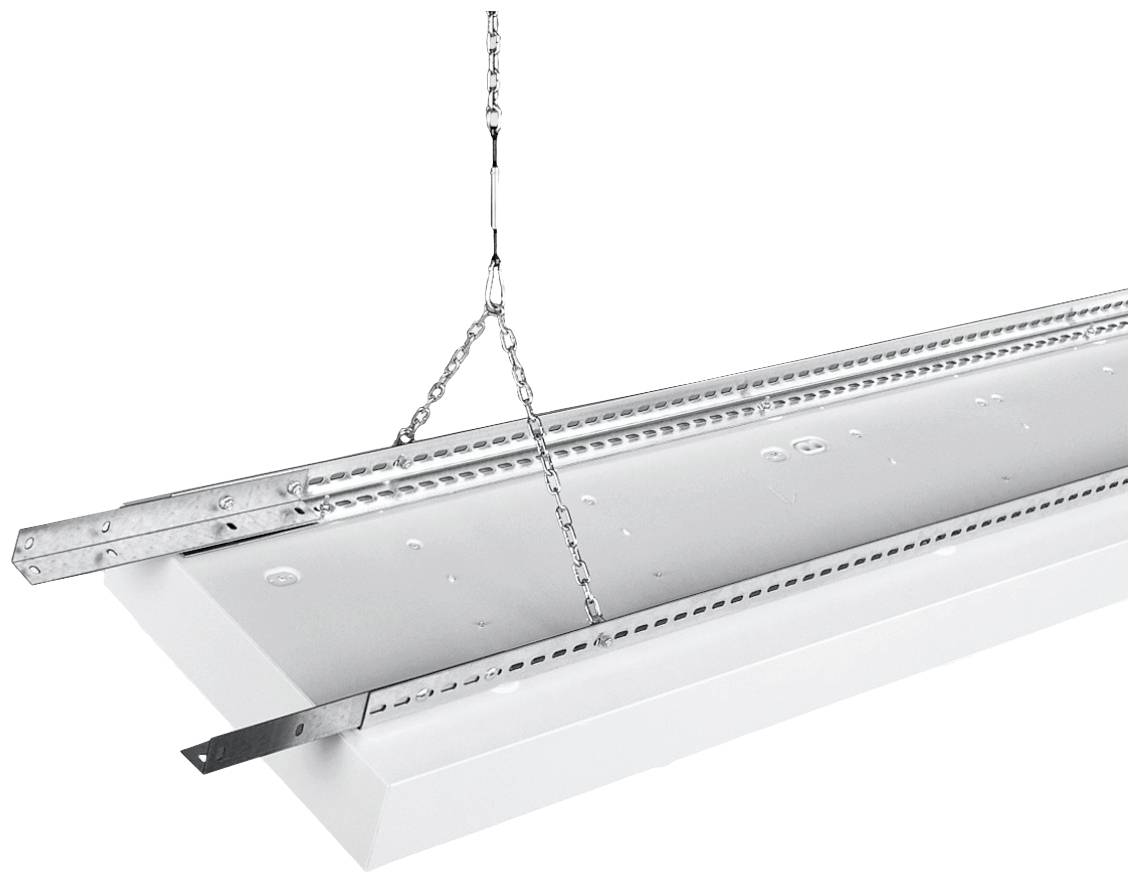 Decke mit abgehängtem Metallrahmen und Kette. Quadratische Deckenplatte wird in den Rahmen eingelegt.