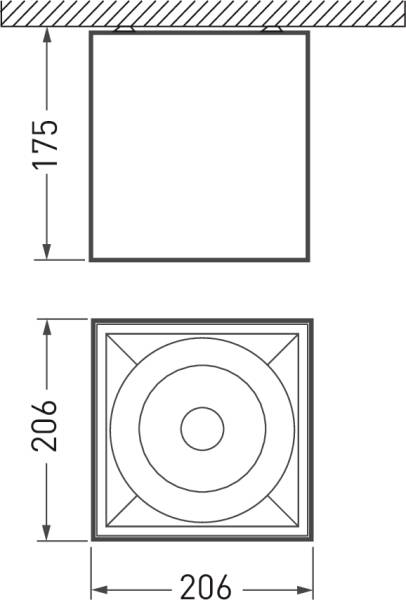 Diagramm zeigt die Seiten- und Draufsicht einer quadratischen Lüftungsöffnung. Seitenansicht: 175 mm Höhe. Draufsicht: 206 mm Kantenlänge.