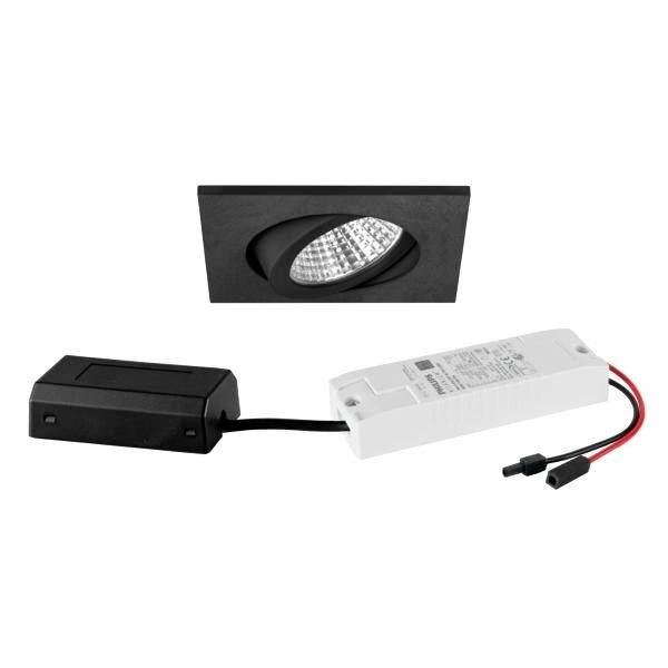 Schwarzer LED-Einbauspot in rechteckigem Gehäuse mit separatem Transformator und Verkabelung.