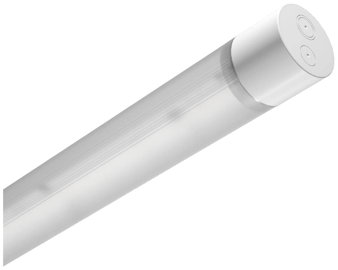 Eine längliche LED-Leuchte mit einem weißen Gehäuse wird gezeigt. Sie ist eingeschaltet und erzeugt helles Licht.