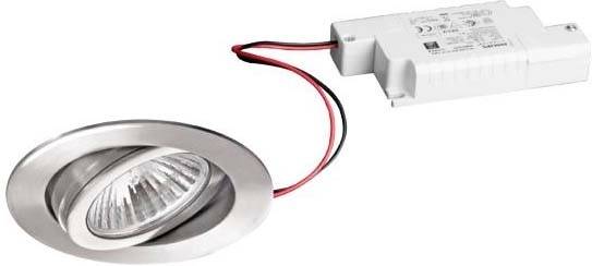 Einbau-LED-Leuchte aus Metall mit rundem Rahmen und Kabelverbindung zu einem rechteckigen Netzteil, ideal für Wohn- oder Arbeitsbereiche.
