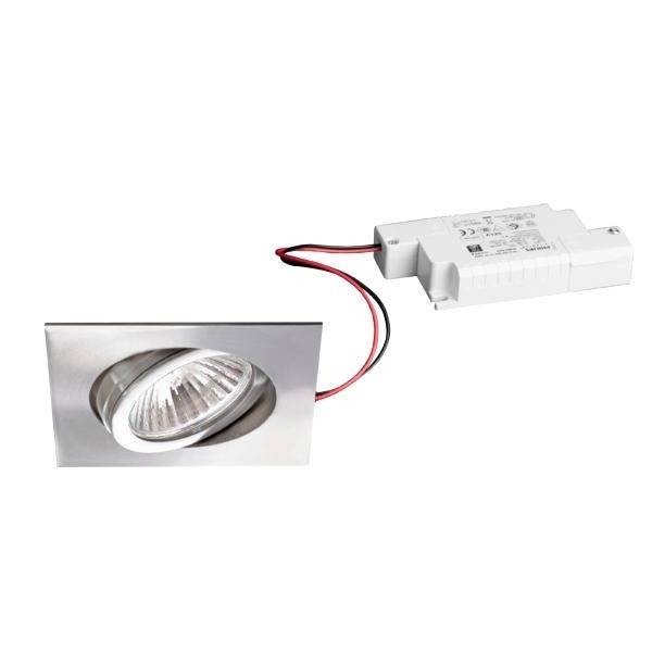Quadratischer Einbau-Spot mit verstellbarem runden LED-Reflektor, verkabelt mit einem weißen Treiber. Ideal für zielgerichtete Beleuchtung.