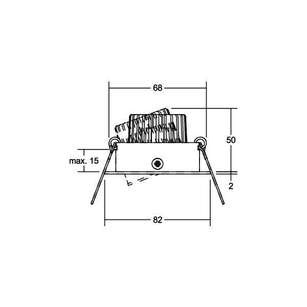 Technische Zeichnung eines Kastens mit Maßen: Breite 68 mm, Höhe 50 mm, Tiefe 82 mm, maximales Teil 15 mm. Kasten auf Standfüßen.