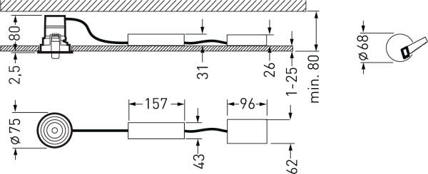 Technische Zeichnung einer Deckenmontage. Zeigt Maße und Abstände für Bauteile und Kabel, inklusive Durchmesserangaben in Millimetern.