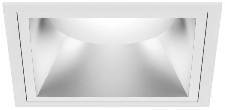 Einbaustrahler mit quadratischem Rahmen und reflektierendem, gebürstetem Metallfinish.
