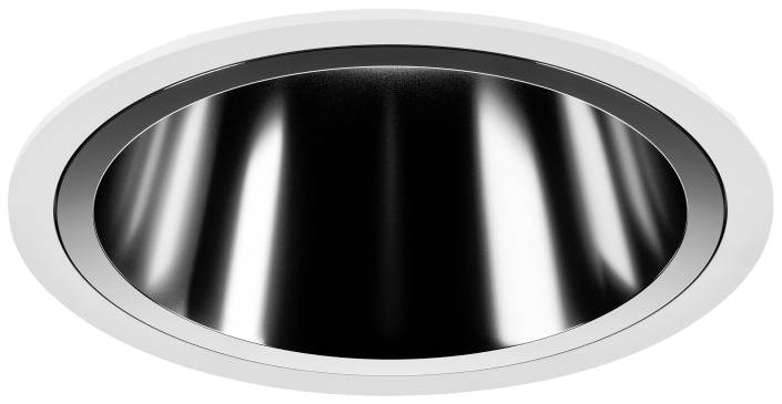 Runde, gebürstete Metall-Lampe mit modernem Design. Sie ist in eine Decke eingebaut und hat ein glattes, reflektierendes Inneres.