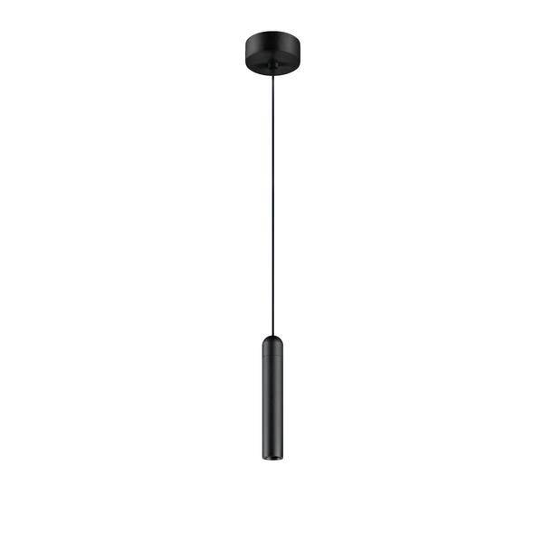 Schwarze, zylinderförmige Hängelampe mit schmalem, langem Design, an einem dünnen Kabel befestigt, vor weißem Hintergrund.