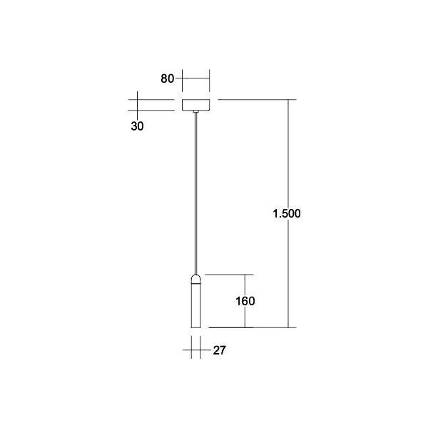 Technische Zeichnung einer Pendelleuchte: Gesamtlänge 1500 mm, Lampenlänge 160 mm, Deckenhalterung 80 mm breit, 30 mm hoch.