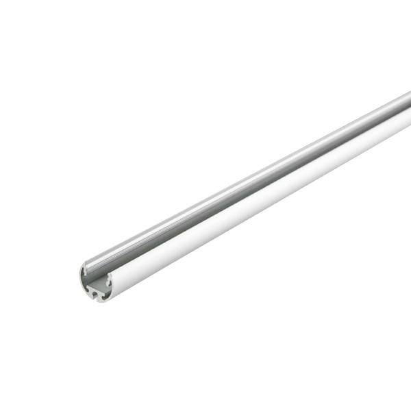 Ein silberner metallischer Schaft mit einem Hohlzylinder an einem Ende, möglicherweise Teil eines Kabelkanals oder Haltersystems.